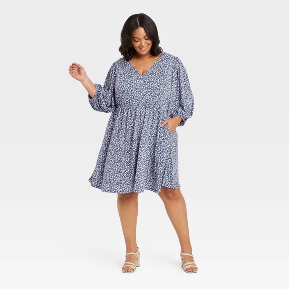 Ava & Viv ditsy Floral Print midi dress Long Sleeve V Neck blue purple 3X twee - Picture 1 of 10